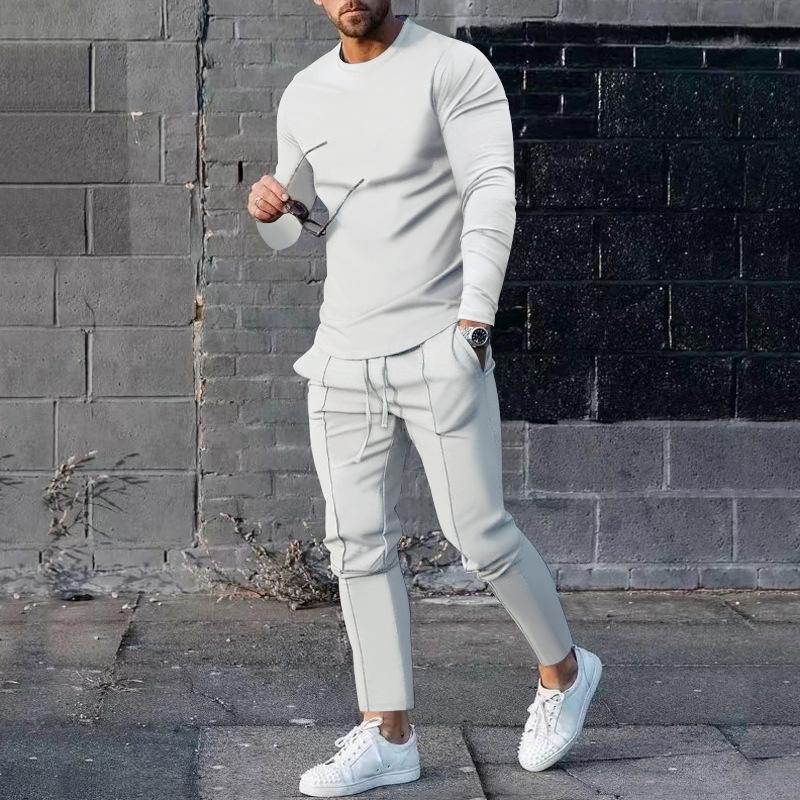Casual And Comfortable Spring And Autumn Men'S Solid Color Casual T-Shirt Long Sleeved Shirt Long Pants Set Sportswear Hoodie Two-Piece Set