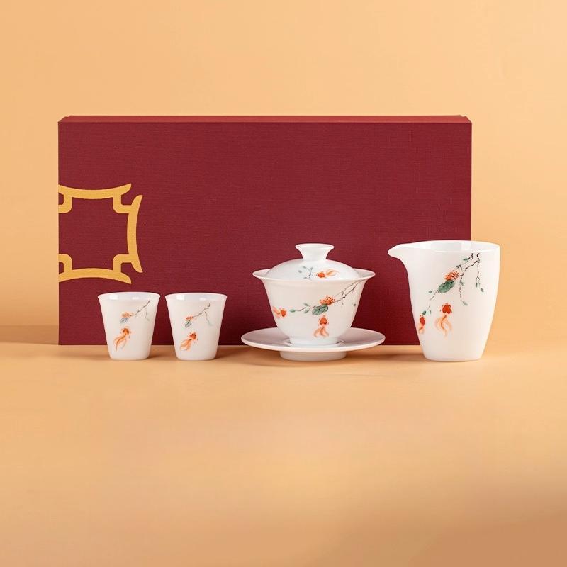 Fugui Fish Hand-painted Ice Jade Porcelain National Style Three Talents Cover Bowl Kung Fu Tea Set Single Tea Bowl High-end