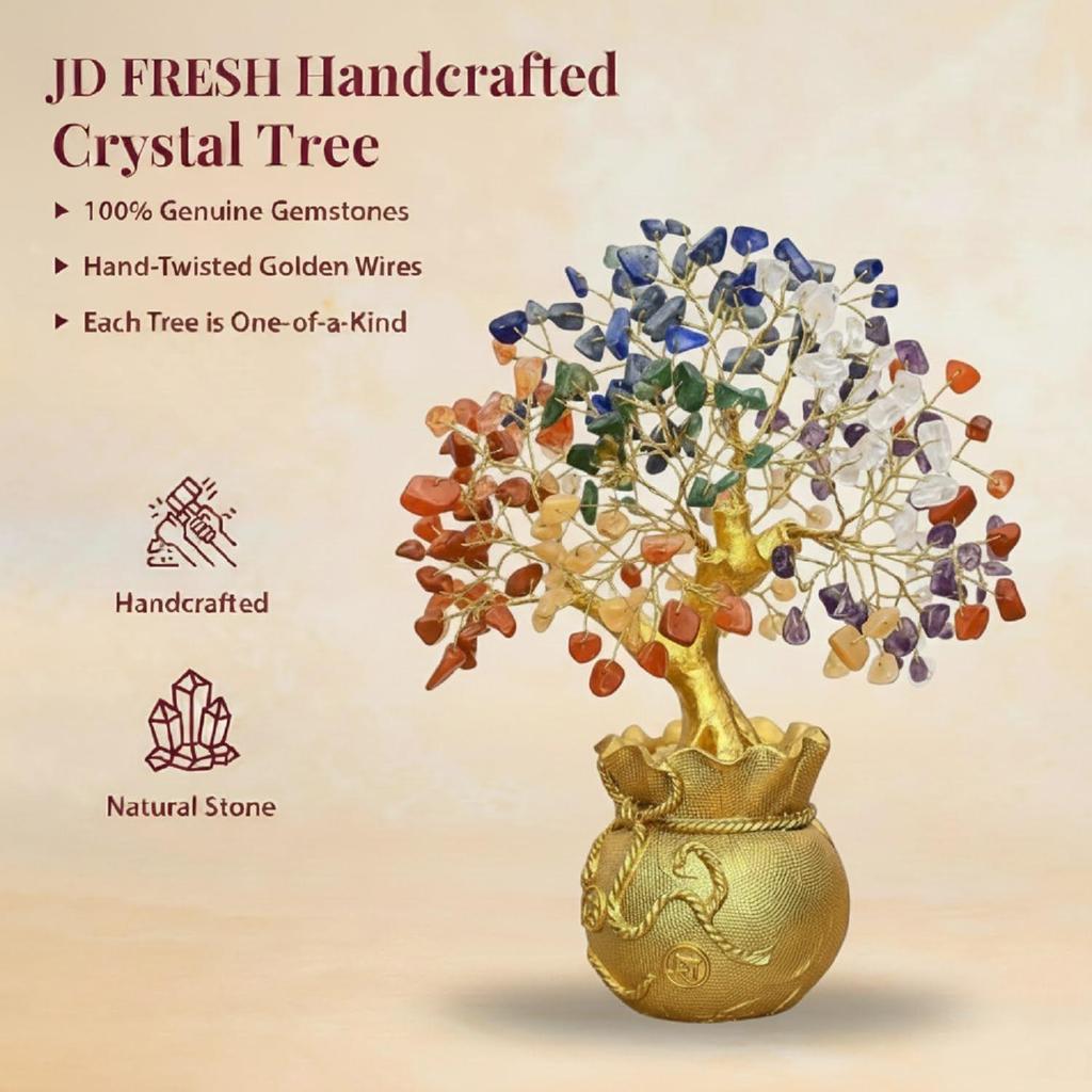 Feng Shui 7 Chakra Crystal Tree with Golden Money Bag Base/Natural Gemstone Decorative Showpiece Bonsai Tree for Home & Office Decor