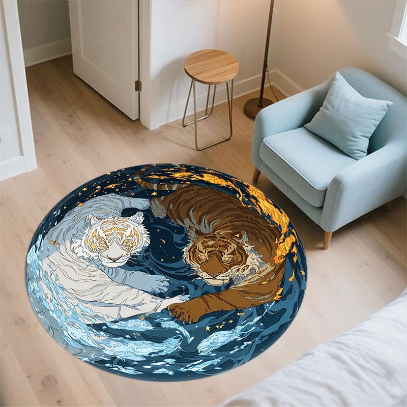 Double Tigers pattern round rug,Carpet Rug for Living Room Bedroom Playroom ,Non-slip Floor Mat,Holiday Gifts and Birthday Gifts.