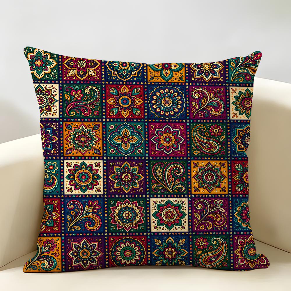 Vintage Bohemian Floral Grid Cushion Cover Natural Linen Organic Fabric DoubleSided Printing Room Sofa Decor Pillow Case