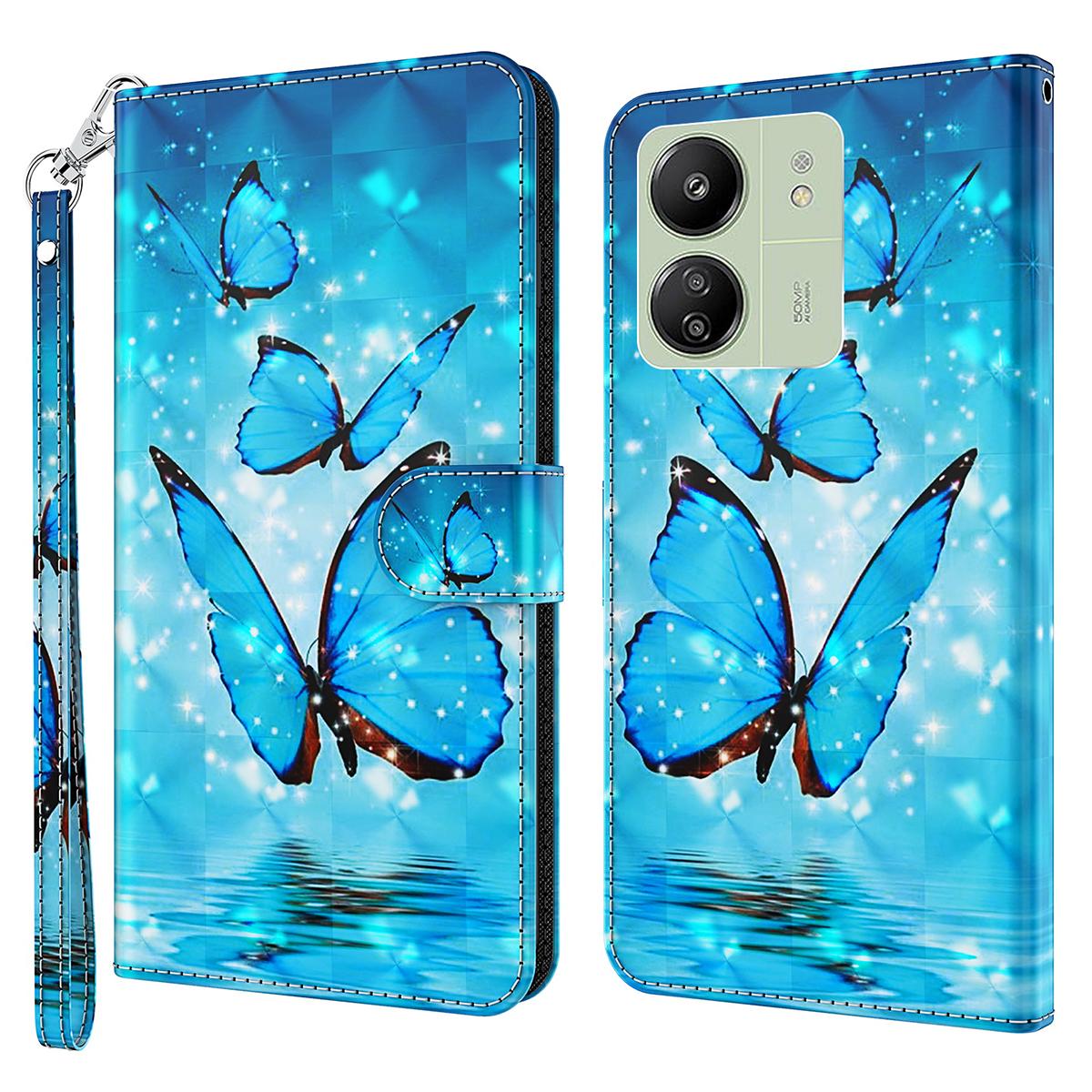 

For Xiaomi Redmi 13C 4G/13C 5G/Poco C65 4G/Poco M6 5G/13R 5G Phone Case PU Leather 3D Pattern Stand Cover Blue Butterflies