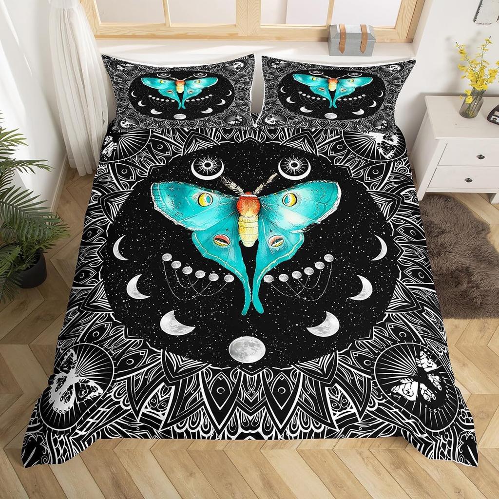Gothic Moth Duvet Cover, Butterfly Bedding Set Full Queen Flower Weed Botanical Comforter Cover Psychedelic Galaxy Quilt Cover
