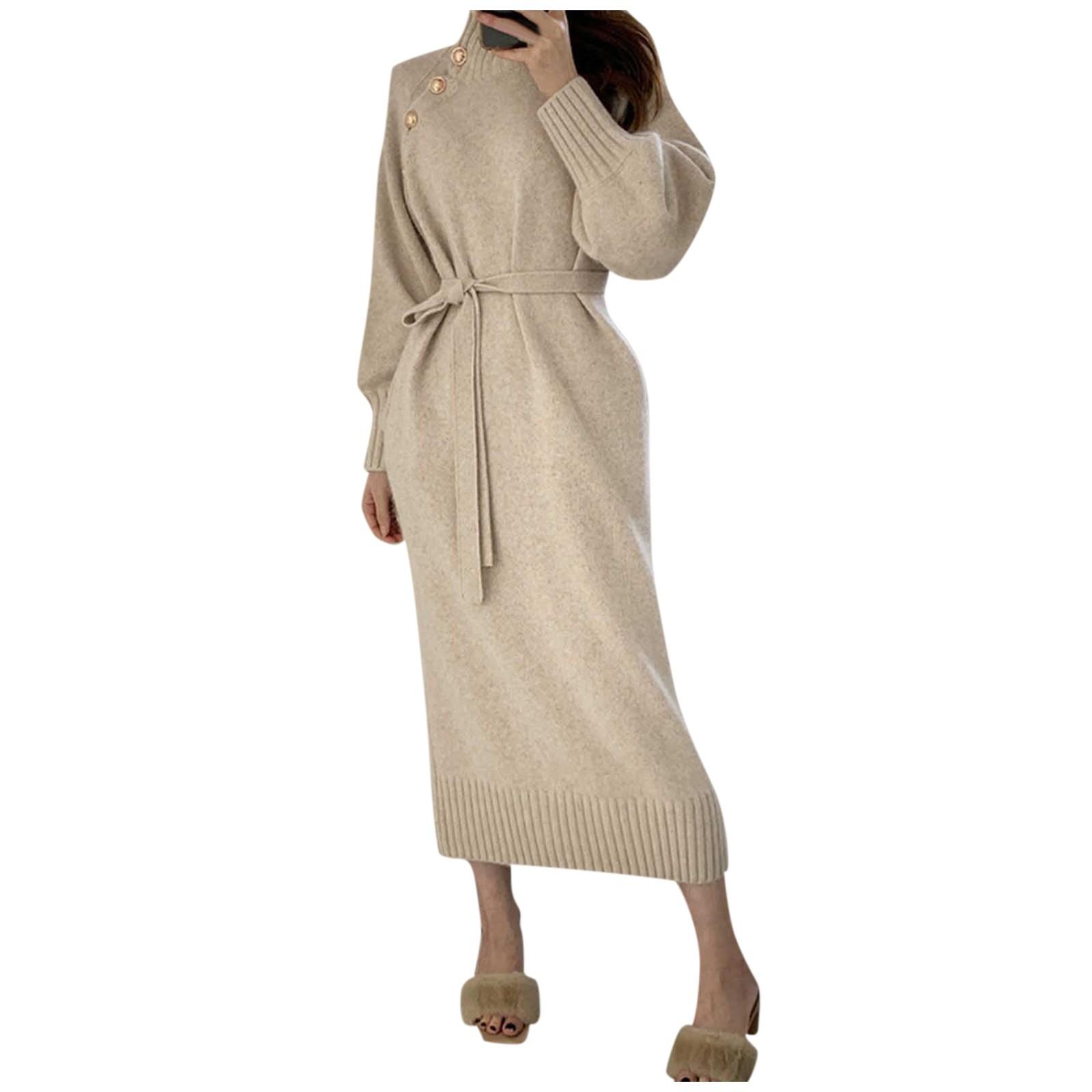 Women s And Winter Fashion Loose Turtleneck Button-down Sweater Color Casual Dress S бежевый