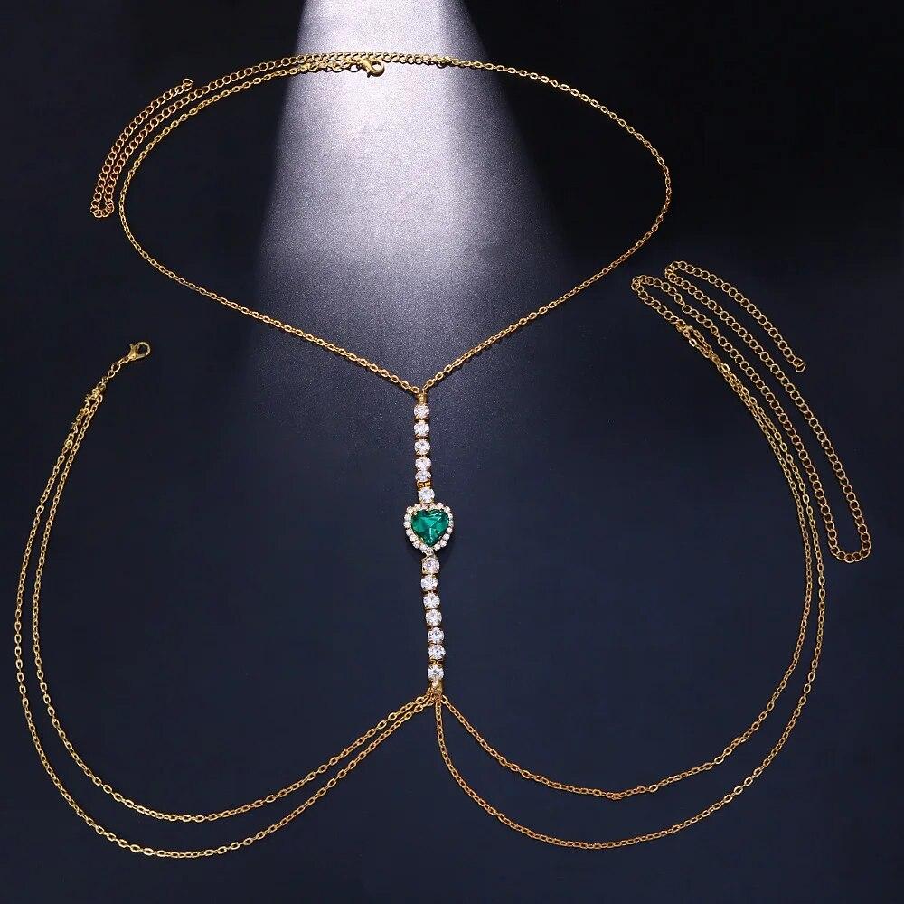 Sexy Green Crystal Chest Chain Harness Stainless Steel Belly Waist Chain Body Jewelry Necklace For Women Clothing Accessories