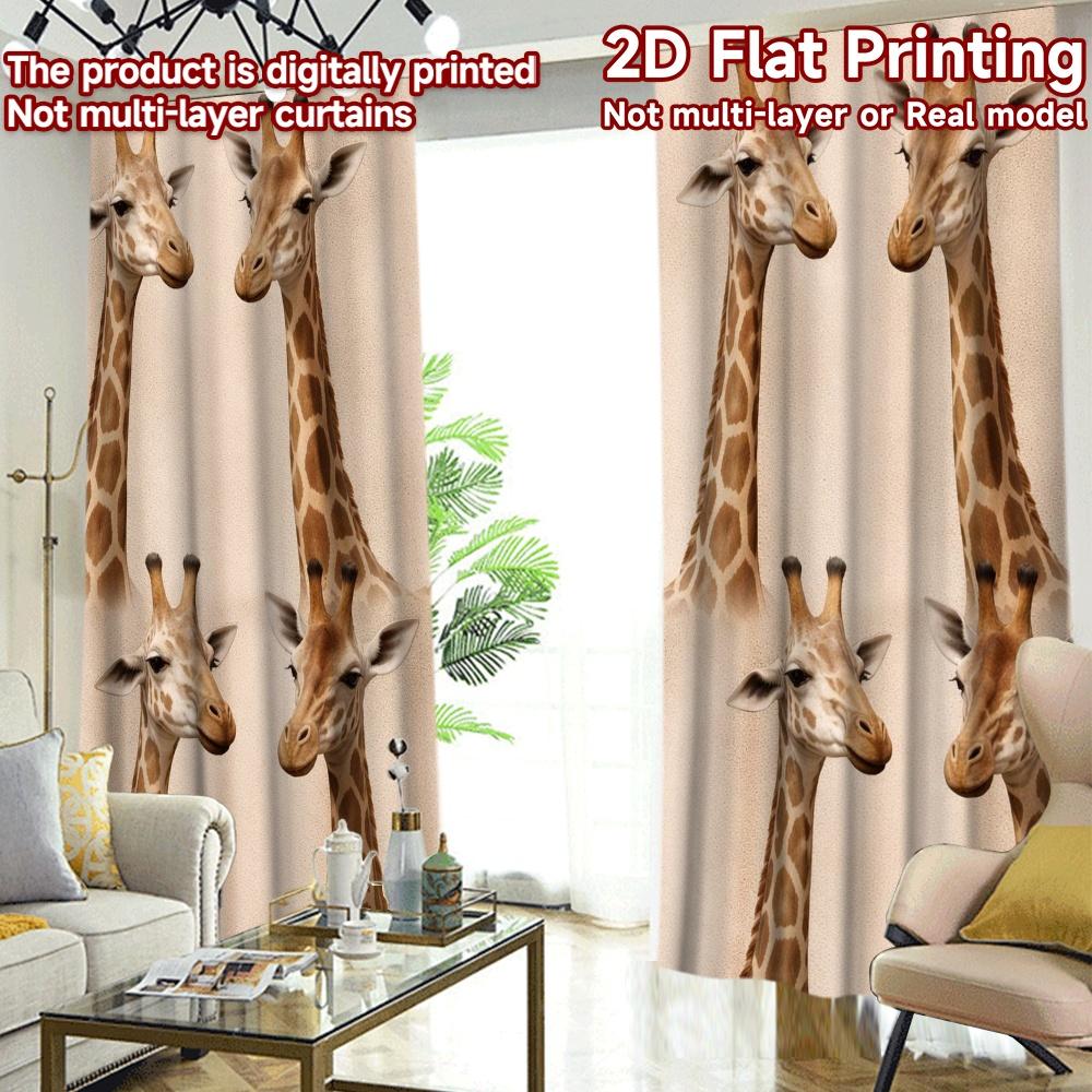 2D FLAT PRINTING 2pcs Curtains (Without Rod) Giraffe Heads Repeat Creative Popular Curtains Versatile Fabric Curtains Versatile