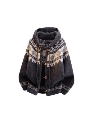 Unisex Heavyweight Fair Isle Hooded Cardigan Sweater - High-End Feel for Autumn/Winter