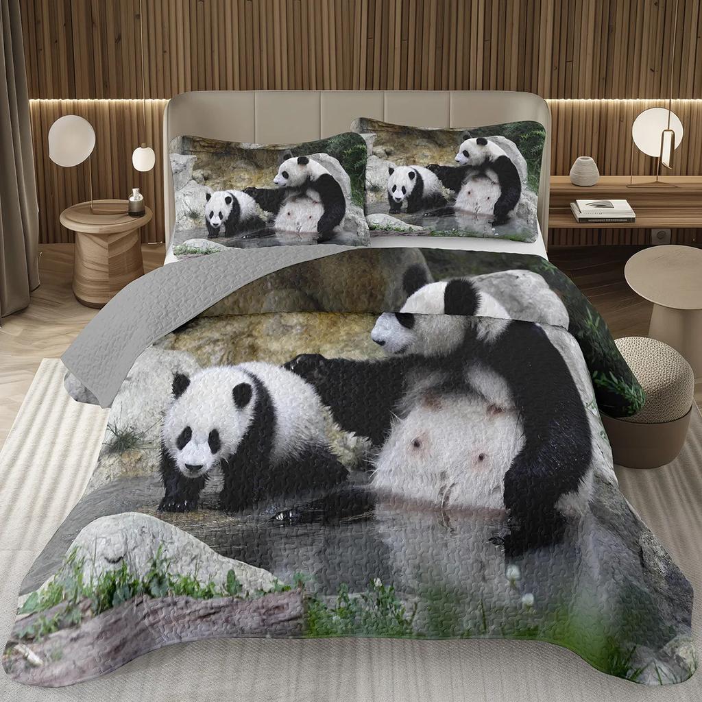 White And Black Panda Bedspread Set Kawaii Bamboo Botanical Twin Quilt Set Cute Panda Themed Coverlet Wild Animal Bedding Set