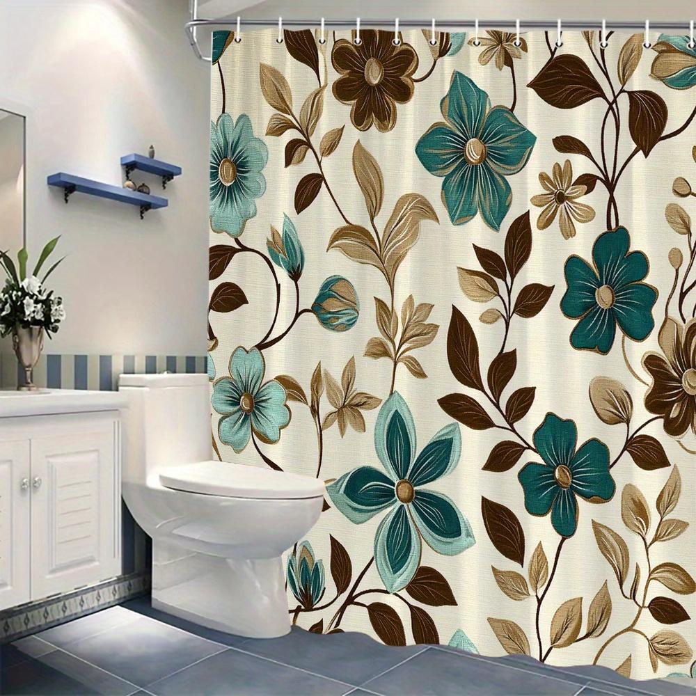 2D Flat, 2D Flat A 1970s Vintage Floral Shower Curtain- Green, Brown, and Beige Flowers with Geometric and Natural-inspired Shap