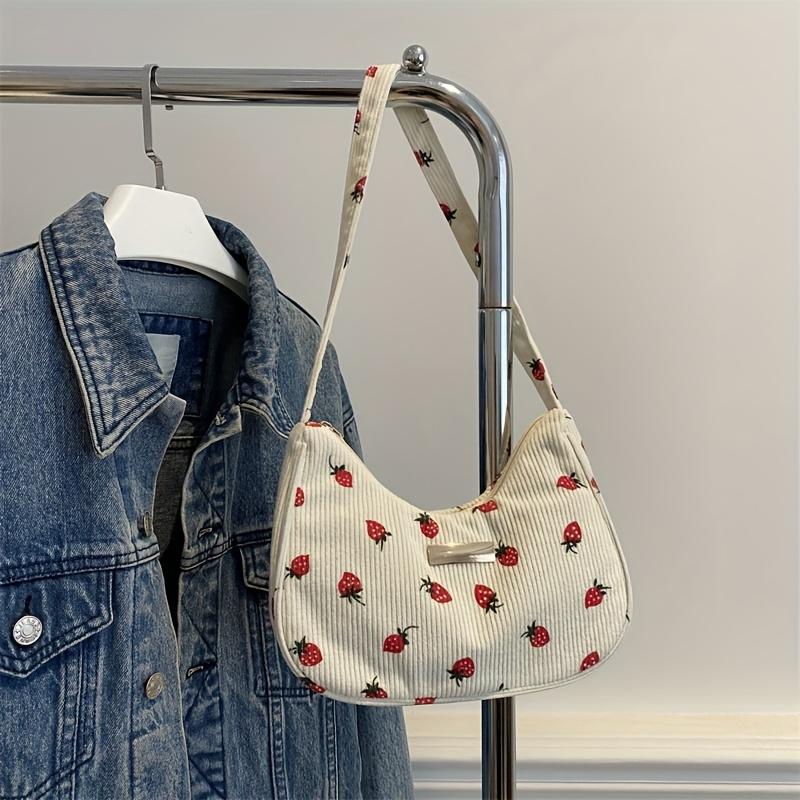 Women's Fashion Shoulder Bag, Strawberry Pattern Handbag with Fixed Strap, Lightweight, Zip Closure