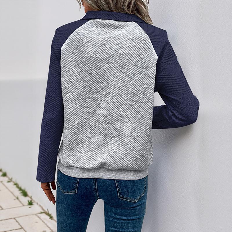 Women's Autumn 2026 Color Block Polo Collar Hoodie - Casual and Stylish Pullover