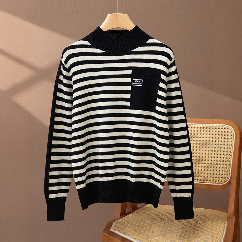 2025 Women’s Korean Style Striped Half High Neck Knitted Pullover Sweater