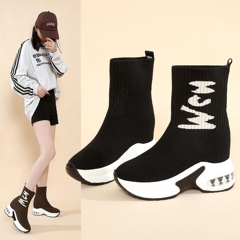Large Size Thin Boots for Women's Autumn and Winter New Fly-woven High-top Elastic Muffin Thick-soled One-pedal Short Boots for Women