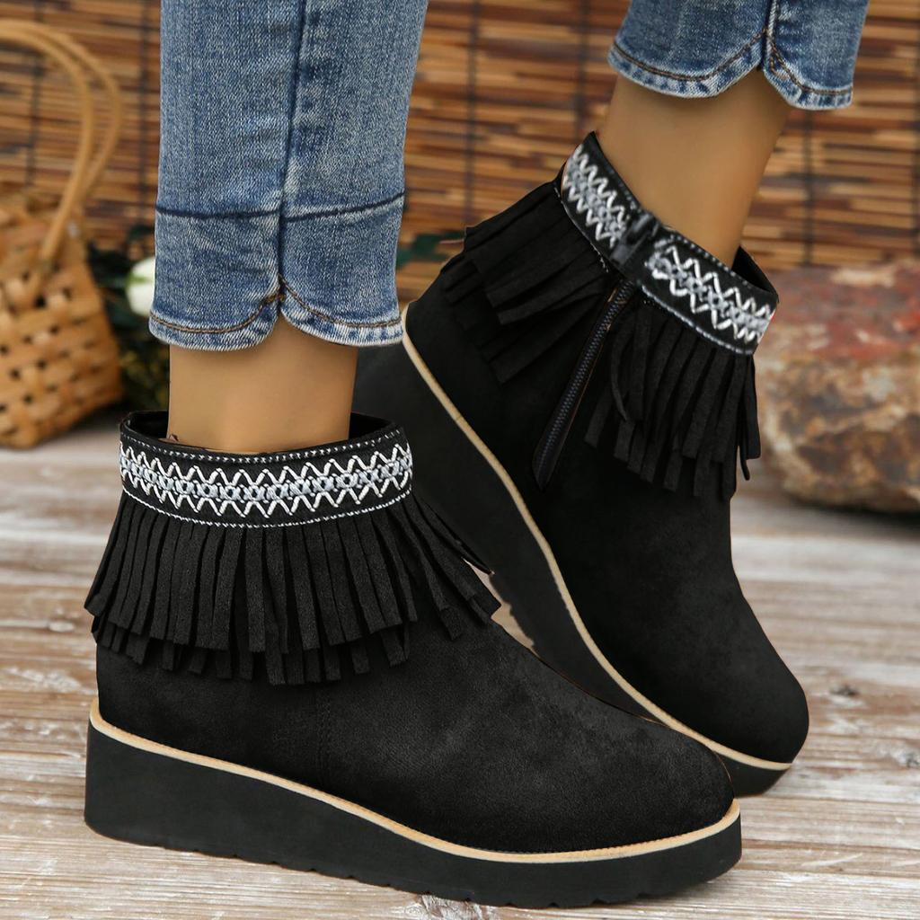 Women's Tassel Thick Soled Boots Fashionable Casual Suede Side Zipper Outer Wear Classic Ankle Boots Boots Women with Flowers