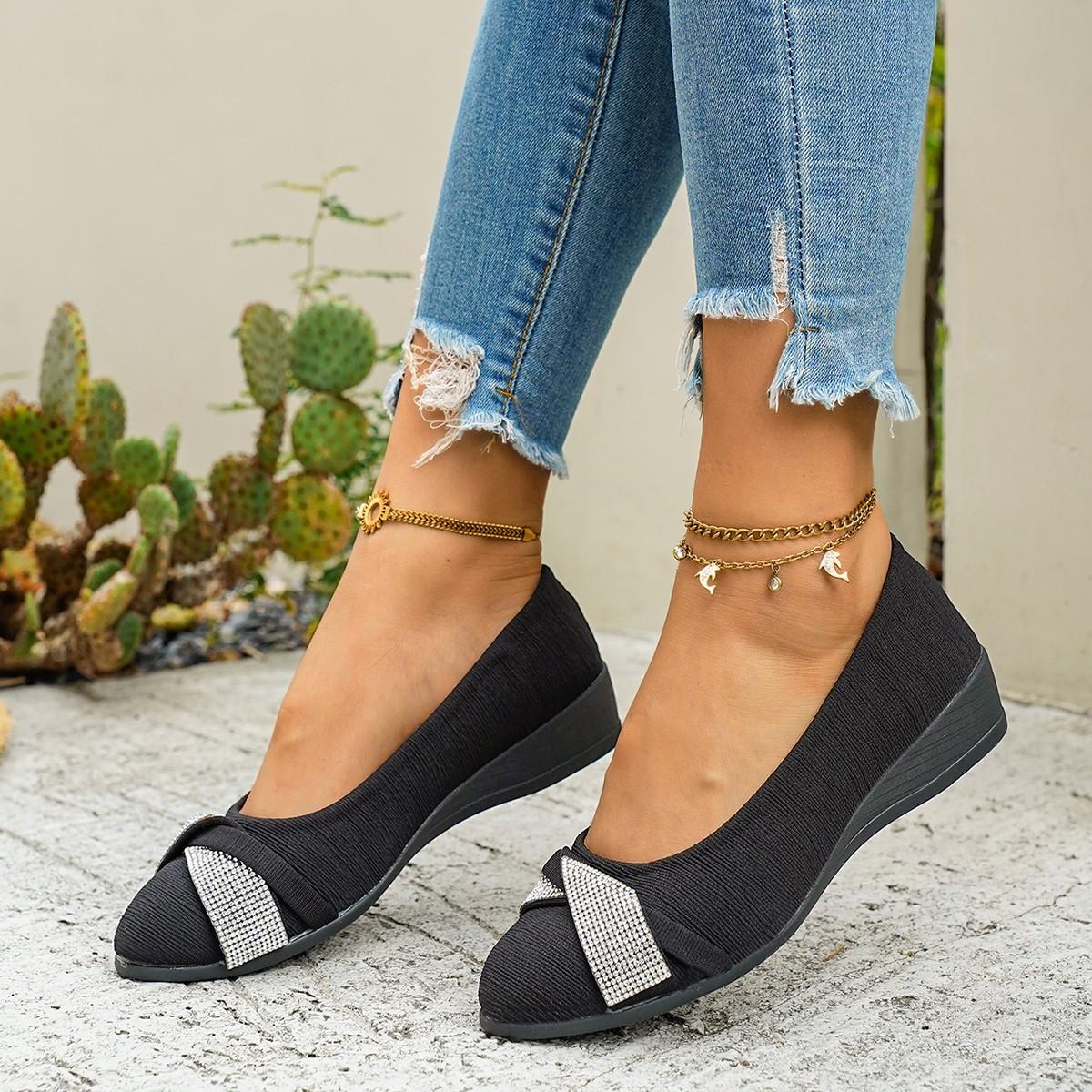 

Женские лоферы широкой полноты, украшенные кристаллами - С круглым носком, на низкой танкетке, слипоны для зрелых женщин, удобная повседневная обувь 43 чёрный