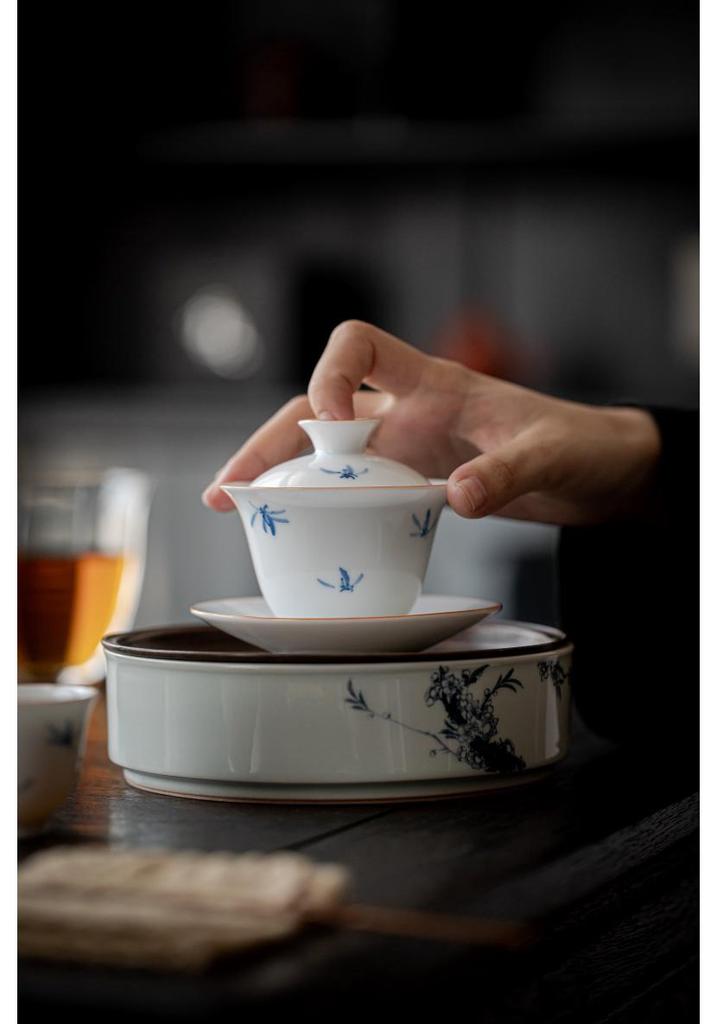 Hand-Painted Jade Clay White Porcelain Gaiwan: Small Orchid Underglaze Kung Fu Tea Set