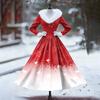 Women's Casual Dress Long-Sleeve V-Neck Patchwork Fleece Christmas Print Dress