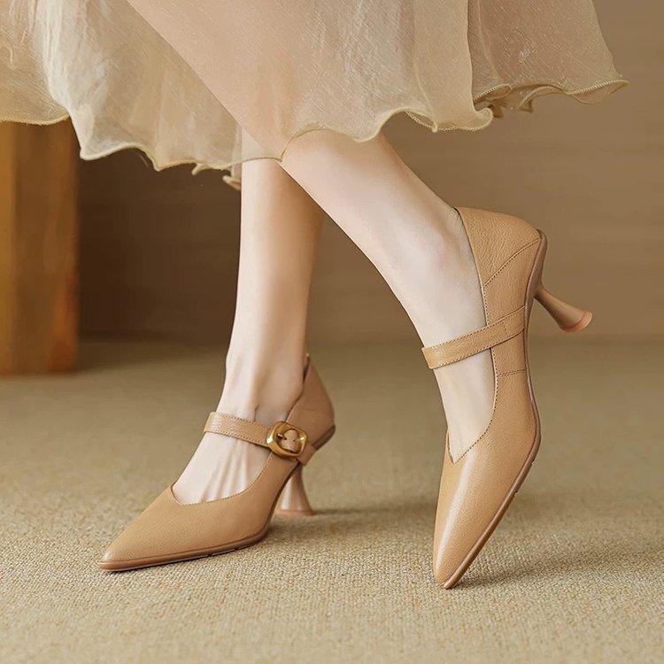 High heels 2025 autumn new women's shoes stiletto mid-heel low-top shoes retro shallow single shoes Mary Jane shoes