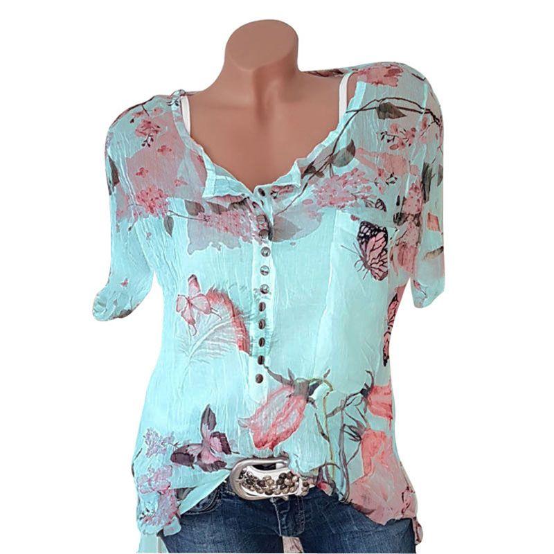 

Button Women Blouse Floral Short Sleeve Ladies Chiffon Loose Casual Tshirt Tops 5XL