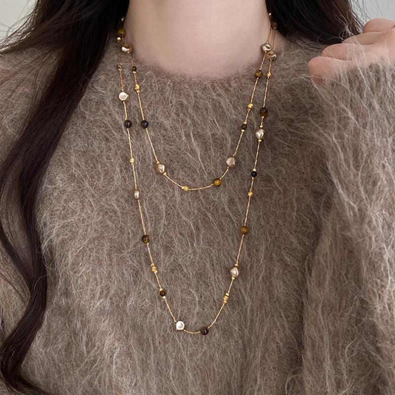 Autumn And Winter Long Tiger Eye Stone Pearl Beads Long Sweater Chain For Women'S Popular Necklace  Jewelry Accessories