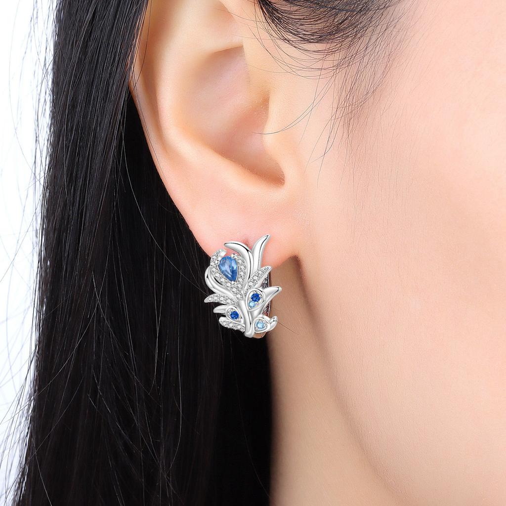 S925 Sterling Silver Blue Zircon Feather Earrings Hoop Earrings Women Jewelry Original Trendy Anniversary Gifts