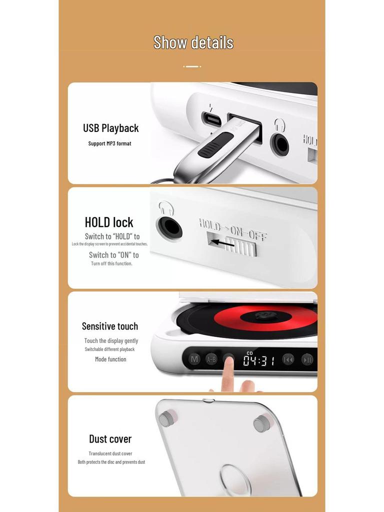 Compact Bluetooth CD Player with Speaker for Students & Early Education