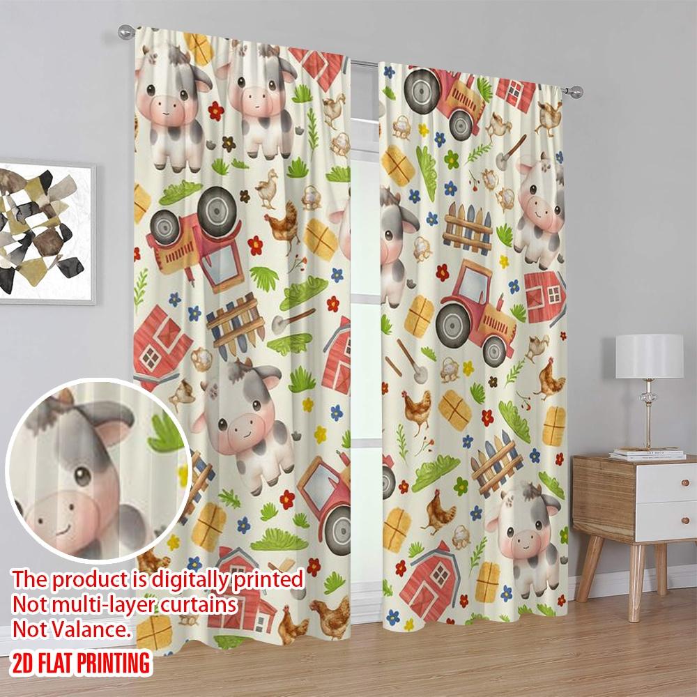 2pcs,2D Plane Printing Minimalist Curtains Farmyard Fun Polyester Fabric (without Rod) Decorations For Home Use for Bedroom &