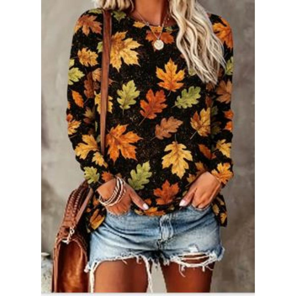 Women Long Sleeve T‑Shirt Autumn Maple Leaf Print Crew Neck Loose Fit Casual Fall Daily Blouse Tops