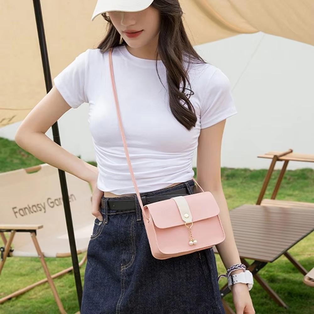 Women's PU Leather Small Square Crossbody Bag, Luxury Shoulder Bag with Pearl Pendant
