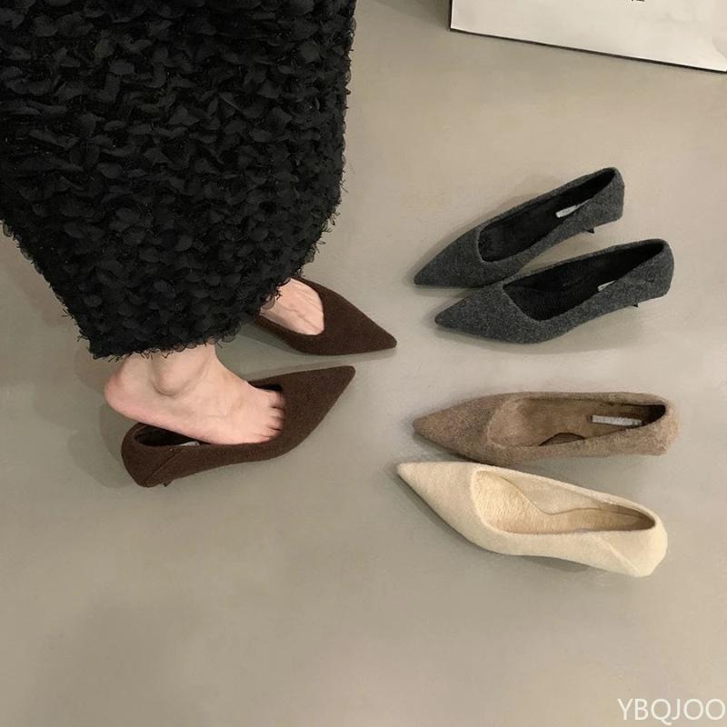 Fashion French black high heels Sharp pointed Women's single shoes New commuting fur shoes Outdoor comfortable ladies pumps 2025 Zapatos