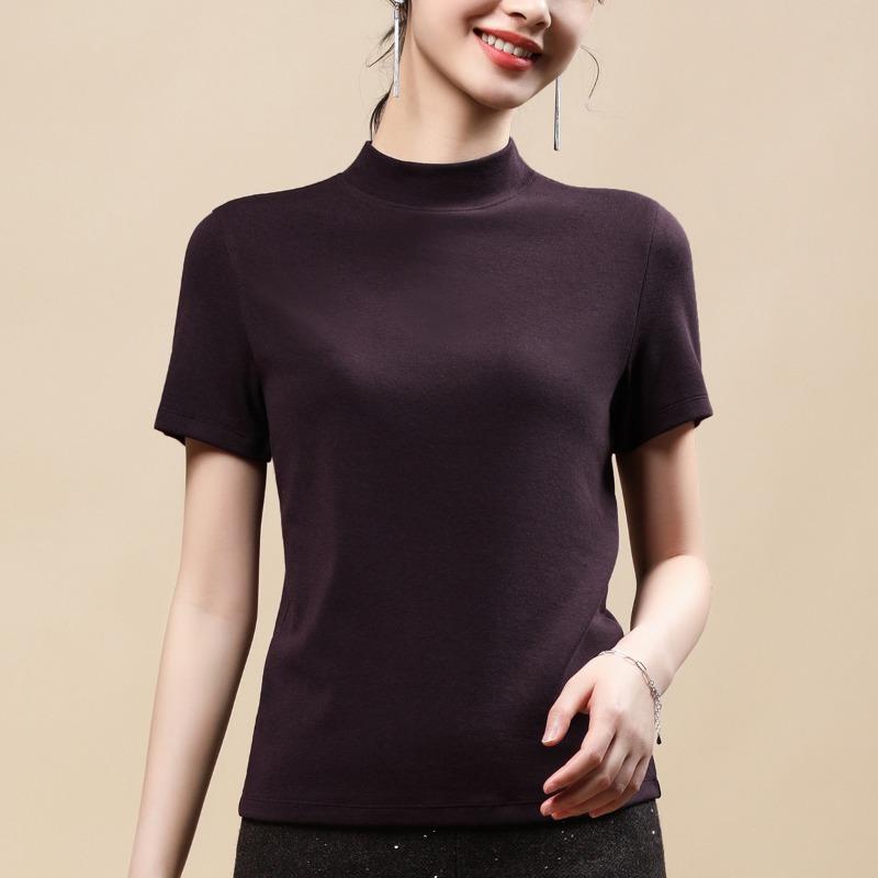 

Простая и шикарная футболка с короткими рукавами для женской одежды с круглым вырезом средней высоты, свободная футболка с полурукавами и воротником-стойкой для базового слоя XXXL