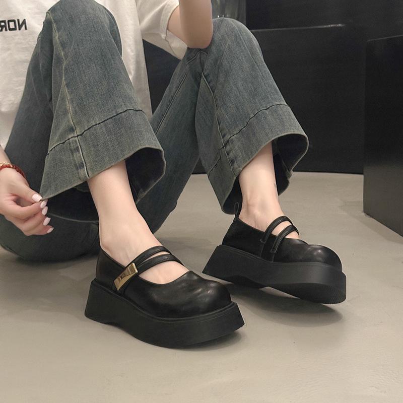 Mary Jane Shallow Mouth Single Shoes 2025 Autumn New Models with Skirts French Thick-soled Round Head Gentle Wind Soft-soled Small Leather Shoes