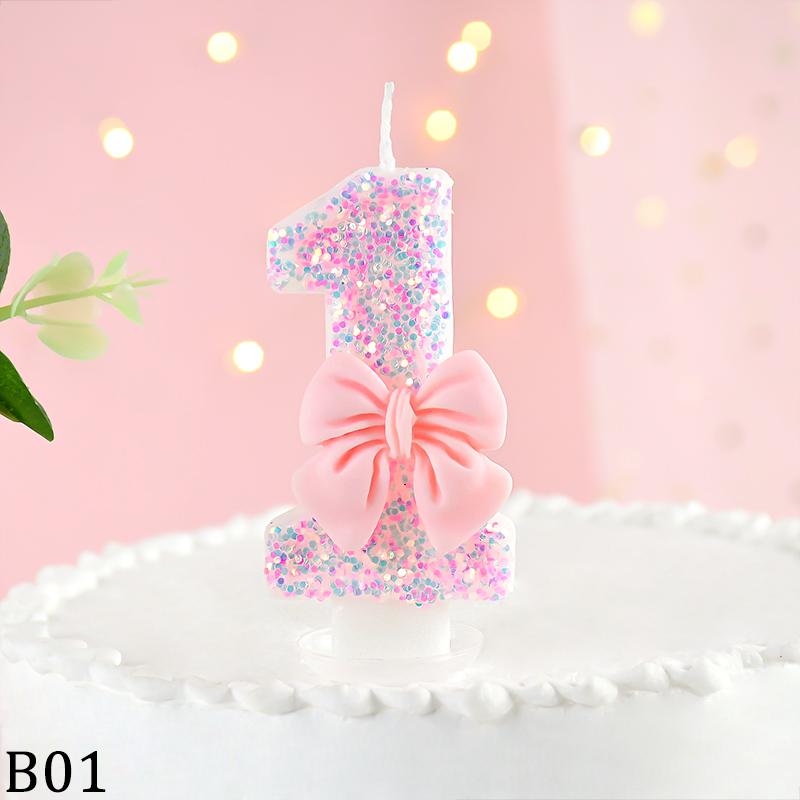 3D Number Cake Decorating Candles Cute Pink Bow Baby Girl Birthday Cake Topper Decor Wedding Party Supplies 0-9 Digital Candle
