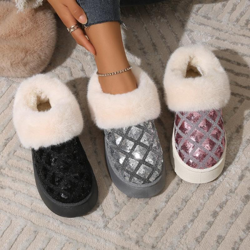 Autumn Winter Sequins Ladies' Snow Boots Thick Soled Bag And Cotton Slippers Worn With Fleece For Warmth Cotton Shoes