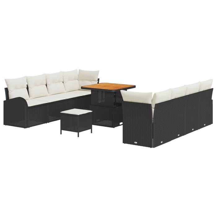 Set de canapé de jardin 11 pièces avec coussins Rotin noir Acacia, Sofa de jardin 2 places avec rangement et coussins Rotin 3364315