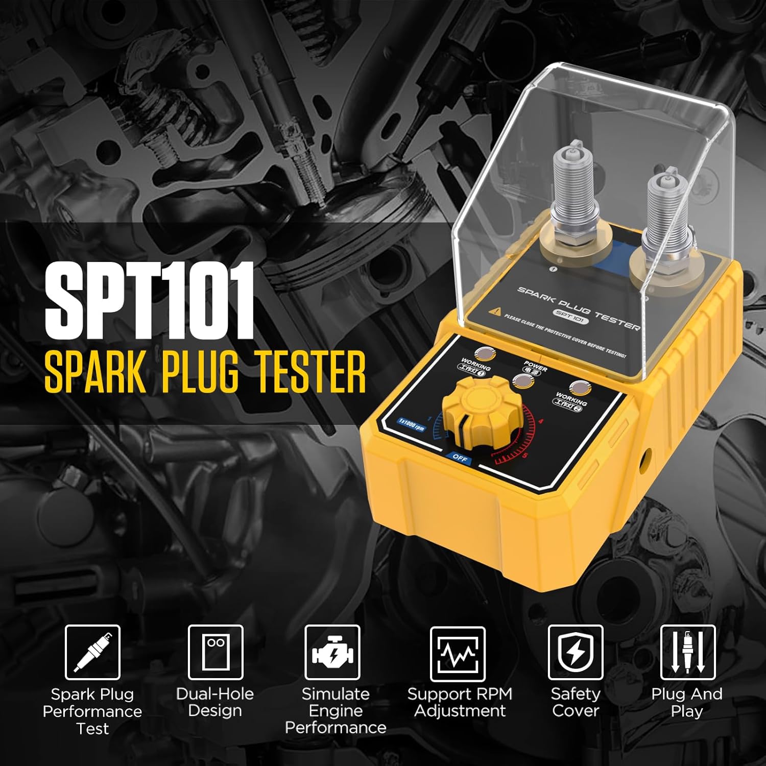

SPT101 Spark Plug Tester, Dual-Hole Simultaneous Testing Engine Spark Tester with Adjustable RPM0-6000,110V/220V Bench Ignition Tester with