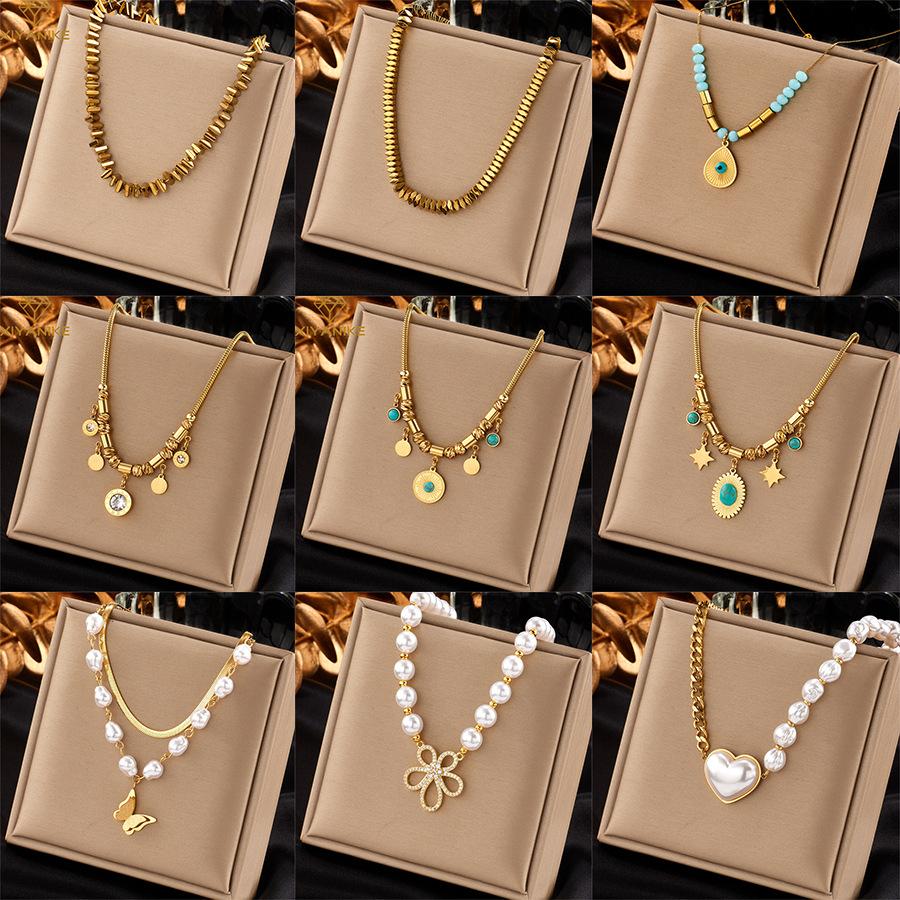 Creative Vintage Ethnic Pearl Heart Diamond Flower Eight-Pointed Star Pendant Necklace