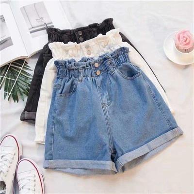 Plus Size Sommer-Jeansshorts für Damen, Haremsrüschen, weiße Shorts mit hoher Taille, elastische Taille, Jeans für Damen