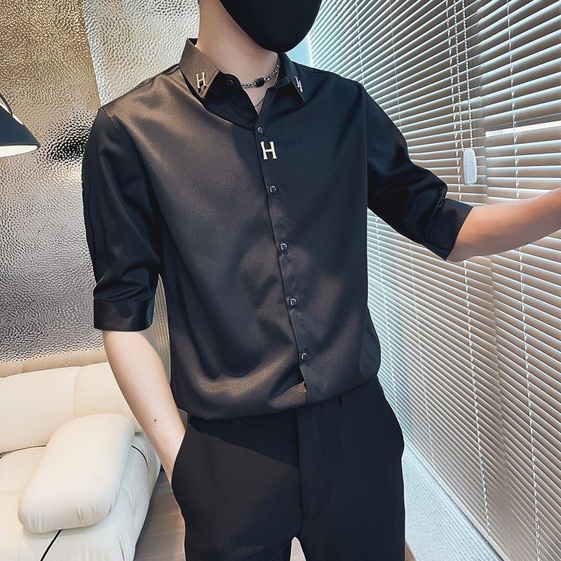 

Летняя мужская рубашка с коротким рукавом, приталенная, со средним рукавом, рукавом семь четвертей, горячий кирпичный цвет, с буквенным принтом, трендовая брендовая рубашка 3XL чёрный