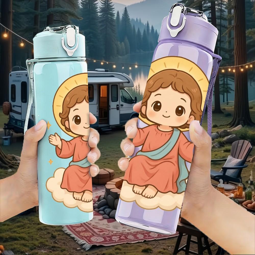 1PC Baby Angel Holy Cute Cartoon Print 750ml Color Plastic Sports Water Bottle Leakproof Flip Straw Lid Suitable for Sports Office Home Use