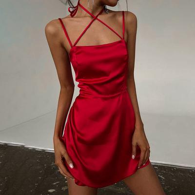 European and American Summer Temperament Solid Color Cross Neck Suspender Sexy Women's Slim Fit Dress