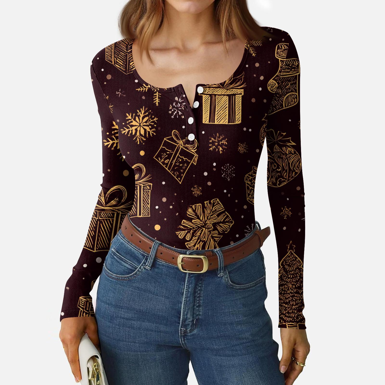 

Женский повседневный модный топ с длинными рукавами на пуговицах и рождественским принтом S винный