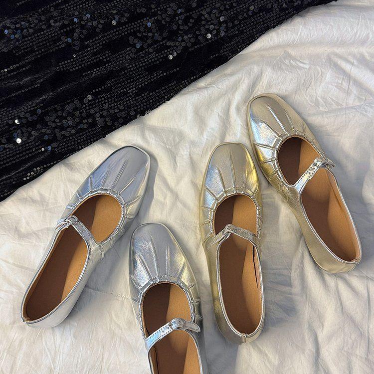 2025 summer new shallow mouth versatile single shoes women's shoes one-word buckle belt thick heel shallow mouth low heel women's single shoes