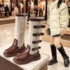 Girls High Top Boots Side Zipper Brown White Contrast Design Round Toe PVC Sole Winter Fashion Sizes Performance Casual Wear Durable PVC Sole