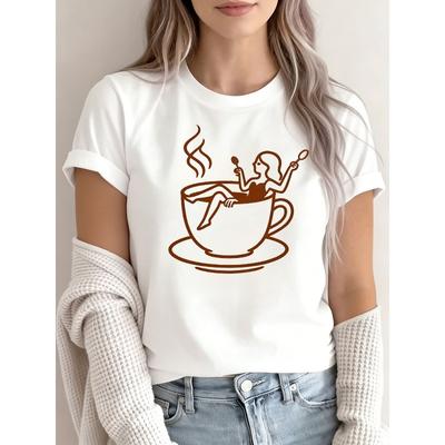 Europäische Größe Verspieltes Grafik-T-Shirt für Damen, Dampfende Tasse mit Frauen-Design, Locker geschnittenes weißes T-Shirt, Helle graue Haare Damenmode,