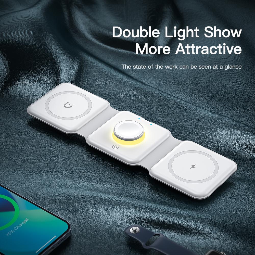 Essager Caricabatterie wireless Qi magnetico 3 in 1 da 15 W, supporto pieghevole per iPhone 14 13 12/Airpod/Iwatch 7 6, ricarica rapida