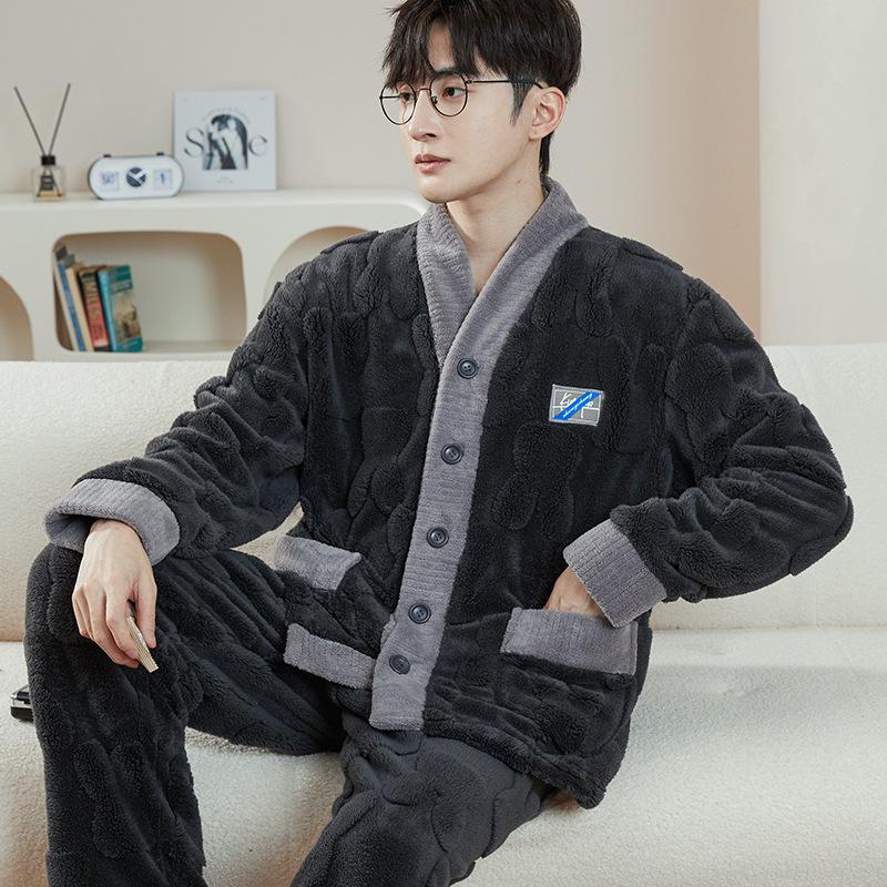 Men's Warm Flannel Pajamas, Zippered Stand-up Collar, Long Sleeve, Coral Fleece Cardigan for Autumn and Winter