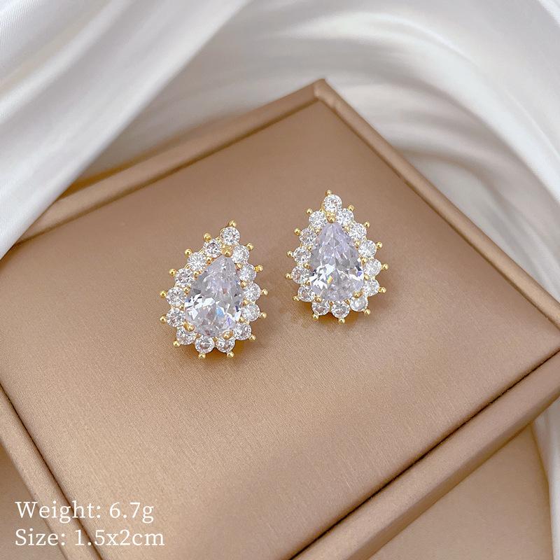 Full Diamond Water Drop Necklace Earrings Set Light Luxury Slightly Inlaid Personalized Temperament Banquet Ear Jewelry Combination