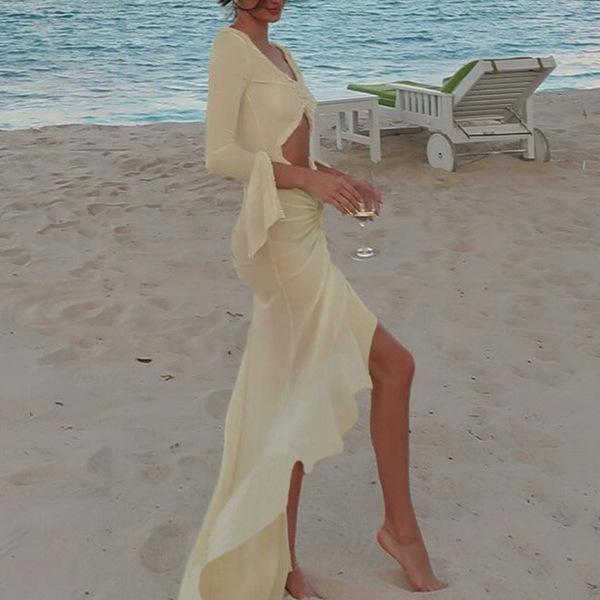 European and American new French temperament age-reducing Muse bikini perspective beach sexy navel mopping dress