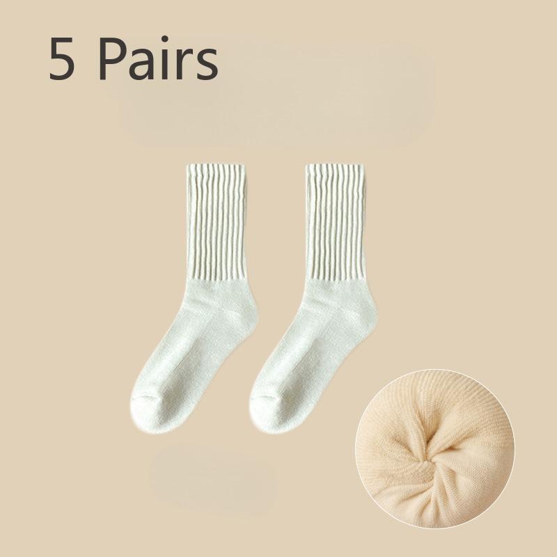 5 Pairs of Stacked Socks Women's Autumn and Winter Padded and Thickened Warm Terry Socks Solid Colour Mid-calf Socks Thick Needle Towel Socks Tide